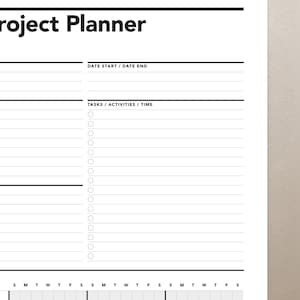 May include: A black and white printable project planner with the text "Project Planner", "Date Start/Date End", and "Tasks/Activities/Time". The planner has a grid for scheduling tasks and activities.