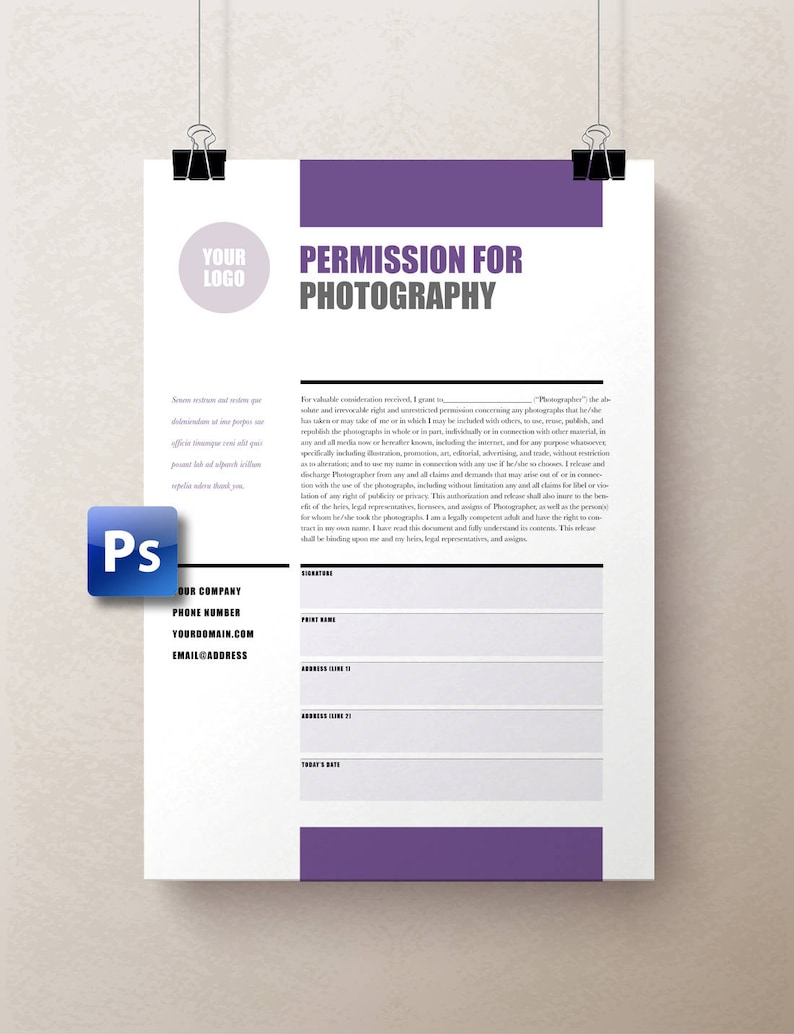 May include: A permission form for photography with a purple header and a white background. The form includes sections for the photographer's name, address, and date, as well as a signature line for the person granting permission.