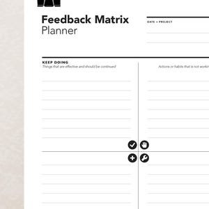 May include: A white Feedback Matrix Planner with black text and a black binder clip. The planner includes sections for 'Keep Doing', 'Start Doing', and 'Improve'. The planner is designed for project management and feedback analysis.