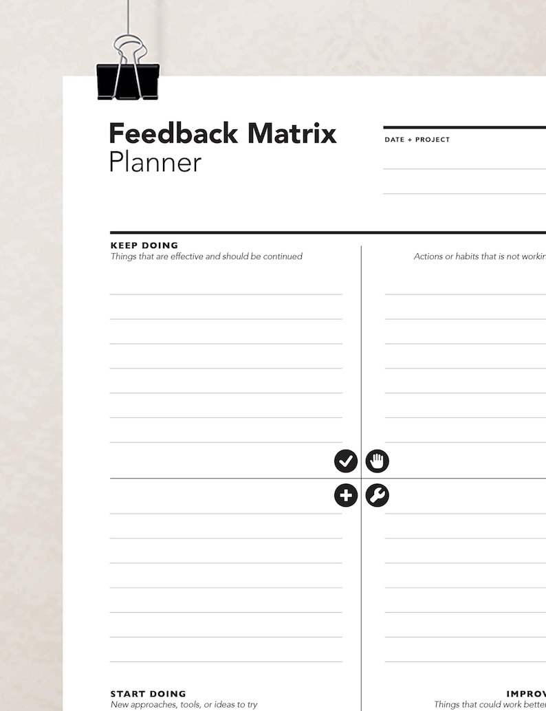 May include: A white Feedback Matrix Planner with black text and a black binder clip. The planner includes sections for 'Keep Doing', 'Start Doing', and 'Improve'. The planner is designed for project management and feedback analysis.