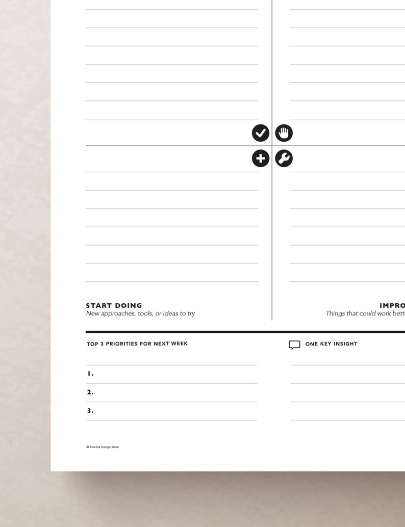 May include: A white planner page with black lines and text. The page is divided into sections for tasks, priorities, and insights. The text includes "START DOING" and "TOP 3 PRIORITIES FOR NEXT WEEK."