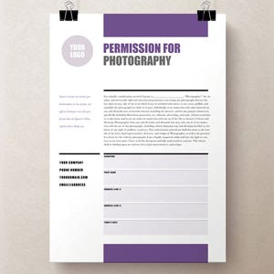 May include: A permission form for photography with a purple header and white text. The form includes sections for the photographer's name, address, and signature, as well as the subject's name, address, and signature.