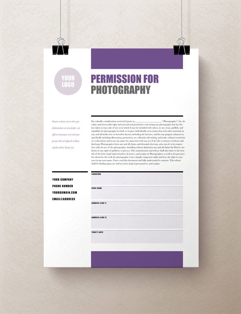 May include: A permission form for photography with a purple header and white text. The form includes sections for the photographer's name, address, and signature, as well as the subject's name, address, and signature.