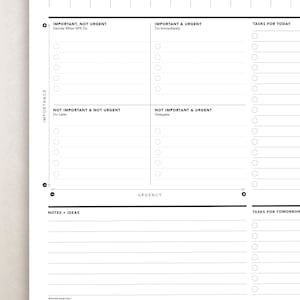 Peut inclure: Un planificateur quotidien imprimable noir et blanc avec une mise en page en grille pour planifier les t&acirc;ches et les notes. Le planificateur est divis&eacute; en quatre quadrants&nbsp;: Important et Urgent, Important et Non Urgent, Non Important et Urgent, et Non Important et Non Urgent. Chaque quadrant contient une liste de t&acirc;ches &agrave; accomplir. Le planificateur comprend &eacute;galement des sections pour les notes et les id&eacute;es, ainsi que les t&acirc;ches pour le lendemain.