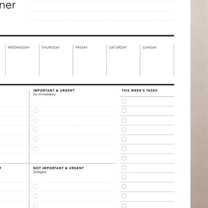 May include: A black and white printable planner page with the words "Week + Primary Goal" at the top. The page is divided into sections for Wednesday, Thursday, Friday, Saturday, and Sunday. There are also sections for "Important & Urgent", "Do Immediately", "This Week's Tasks", "Not Important & Urgent", and "Delegate".