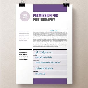 May include: A permission for photography form with a purple header and a signature line. The form is filled out with the name Sandra Smith, the address 256 Summer Set Drive, Orlando, Florida, and the date 12.25.18.