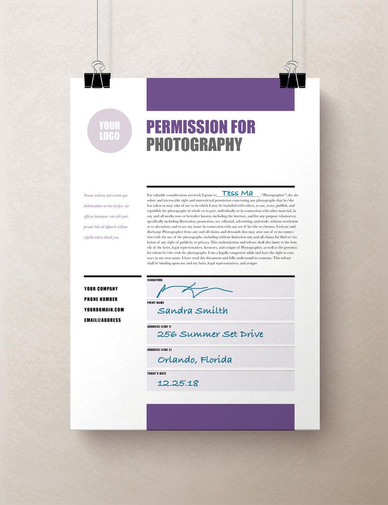 May include: A permission for photography form with a purple header and a signature line. The form is filled out with the name Sandra Smith, the address 256 Summer Set Drive, Orlando, Florida, and the date 12.25.18.
