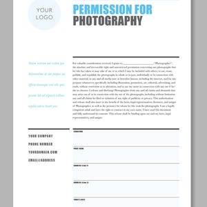 Puede incluir: Un formulario de permiso para fotograf&iacute;a con un esquema de color azul y blanco. El formulario incluye campos para la firma del fot&oacute;grafo, el nombre impreso, la direcci&oacute;n y la fecha de hoy.