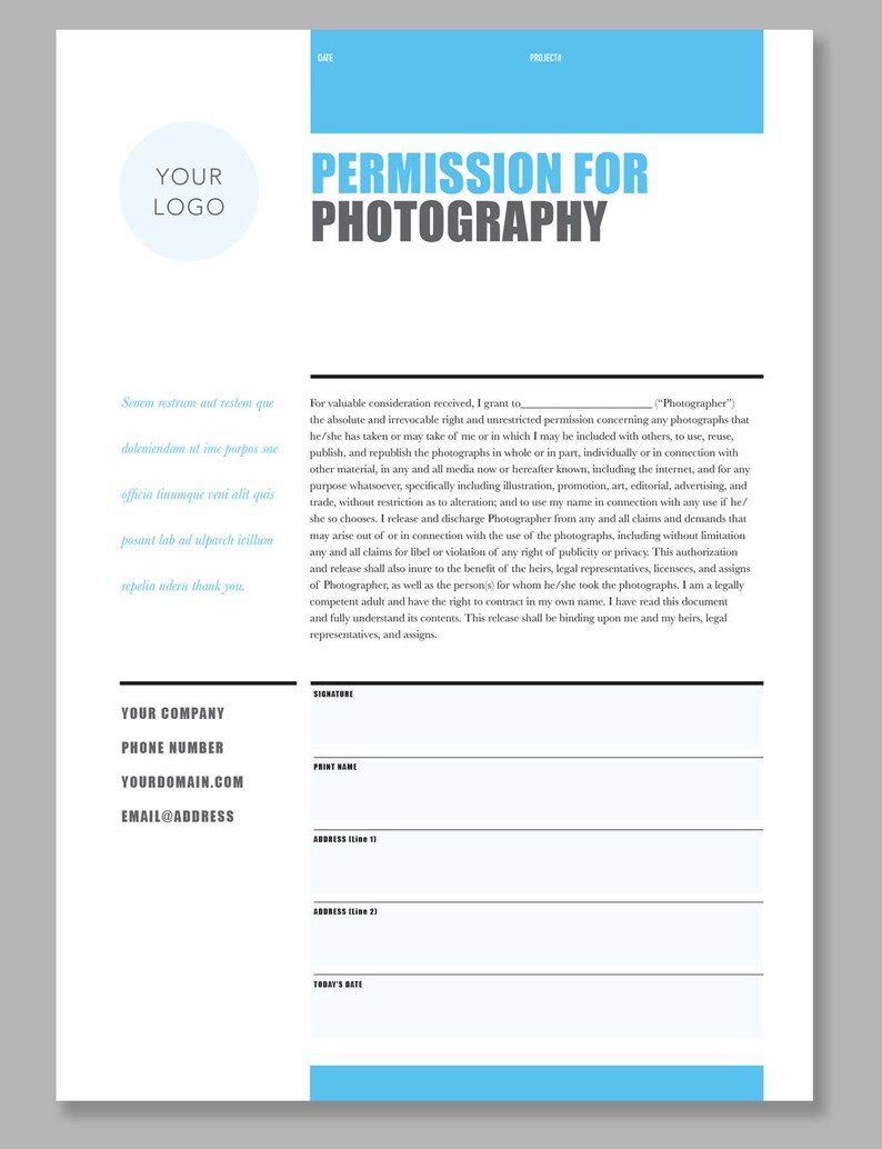 Printable Photography Contract Model Release Permission Etsy Canada
