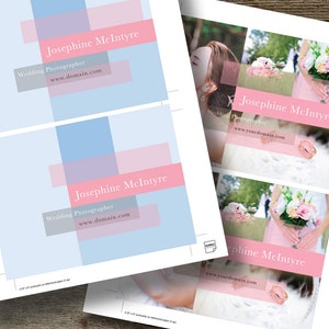 May include: A set of four business cards with a pink and blue colour scheme. The cards feature the text "Josephine McIntyre, Wedding Photographer, www.domain.com".