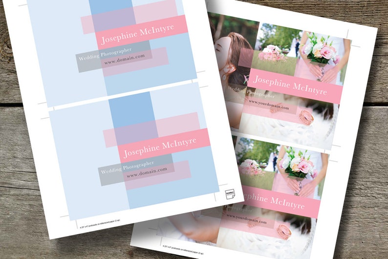 May include: A set of four business cards with a pink and blue colour scheme. The cards feature the text "Josephine McIntyre, Wedding Photographer, www.domain.com".