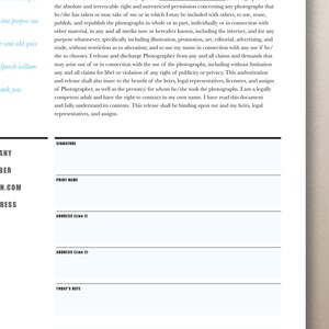 Puede incluir: Un documento legal titulado "Formulario de liberaci&oacute;n del fot&oacute;grafo" con campos en blanco para el nombre, la direcci&oacute;n y la firma de la persona que otorga el permiso para el uso de su imagen. El documento incluye una secci&oacute;n para el nombre, la direcci&oacute;n y la firma del fot&oacute;grafo.