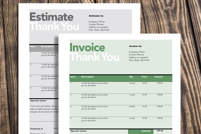 Peut inclure: Un mod&egrave;le de facture vert et blanc avec les mots "Facture Merci" en haut. La facture comprend un tableau avec des colonnes pour le num&eacute;ro d'article, la description, la quantit&eacute;, le prix et le montant. Le sous-total est de 199,60 &euro;.