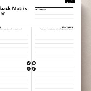 May include: A white Feedback Matrix worksheet with black text and a black binder clip. The worksheet is divided into four quadrants with headings like "Stop Doing" and "Improve/Change". Includes checkmarks, plus signs, hand, and wrench icons.