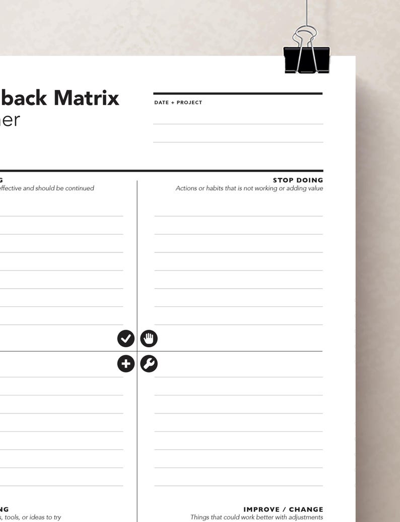 May include: A white Feedback Matrix worksheet with black text and a black binder clip. The worksheet is divided into four quadrants with headings like "Stop Doing" and "Improve/Change". Includes checkmarks, plus signs, hand, and wrench icons.