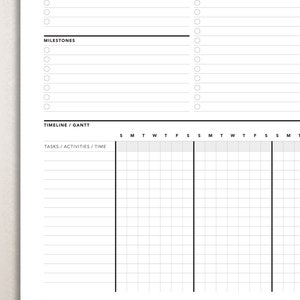 May include: A black and white printable planner with sections for goals, milestones, tasks, and a timeline/Gantt chart. The planner has a grid layout for scheduling and tracking progress.