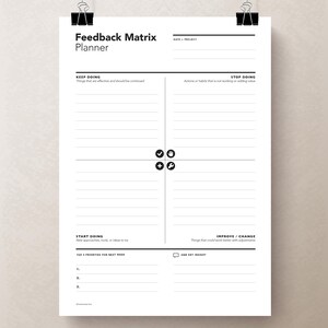May include: A white Feedback Matrix Planner sheet, held by black binder clips. The planner includes sections for keeping, stopping, starting, and improving actions, with space for notes and priorities. The text is in black.