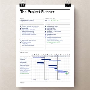 May include: A project planner with a timeline and Gantt chart for a company website project. The timeline shows tasks such as preparing a site map, copywriting, reviewing proofs, and planning a photoshoot. The Gantt chart shows the duration of each task and the start and end dates.