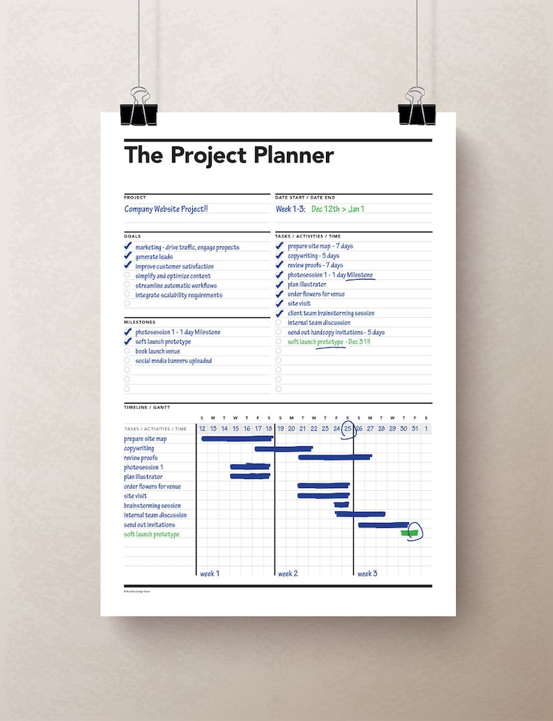 May include: A project planner with a timeline and Gantt chart for a company website project. The timeline shows tasks such as preparing a site map, copywriting, reviewing proofs, and planning a photoshoot. The Gantt chart shows the duration of each task and the start and end dates.