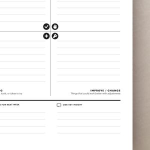 May include: A white planner page with a grid layout. The page includes sections for notes, ideas, and improvements. Black icons include a checkmark, hand, plus sign, and wrench. Text includes "Improve / Change" and "One Key Insight."