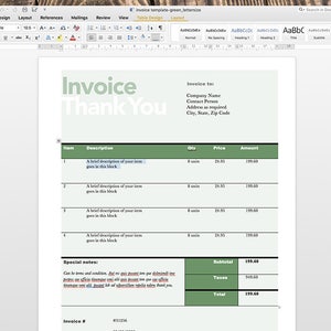 Peut inclure: Un mod&egrave;le de facture vert et blanc avec les mots "Facture" et "Merci" en grande police. La facture comprend un tableau avec des colonnes pour l'article, la description, la quantit&eacute;, le prix et le montant. La facture comprend &eacute;galement une section pour les notes sp&eacute;ciales et un sous-total, les taxes et le total.
