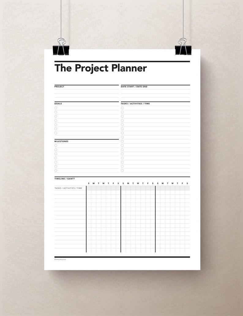 May include: A black and white printable project planner with sections for project name, goals, milestones, tasks, activities, and a timeline/Gantt chart.