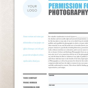 Puede incluir: Un formulario de permiso para fotograf&iacute;a, con un encabezado azul y texto negro. El formulario incluye una l&iacute;nea de firma, un espacio para el nombre impreso y una l&iacute;nea de direcci&oacute;n. El texto dice "Permiso para fotograf&iacute;a".