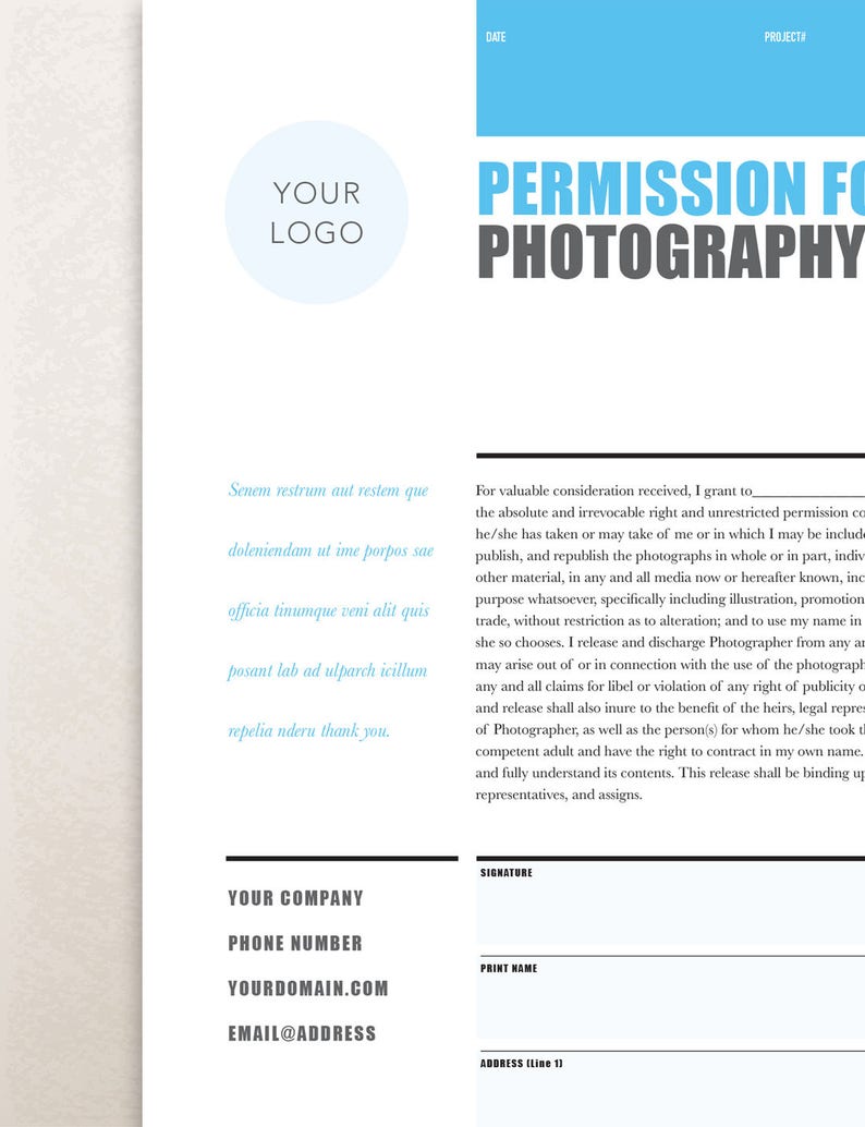 Puede incluir: Un formulario de permiso para fotograf&iacute;a, con un encabezado azul y texto negro. El formulario incluye una l&iacute;nea de firma, un espacio para el nombre impreso y una l&iacute;nea de direcci&oacute;n. El texto dice "Permiso para fotograf&iacute;a".