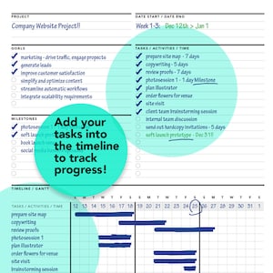 May include: A green and blue project planner with a timeline for a company website project. The timeline includes tasks such as preparing a site map, copywriting, reviewing proofs, and a photo session. The timeline is divided into weeks, with each week containing seven days. The project is scheduled to start on December 12th and end on January 1st.