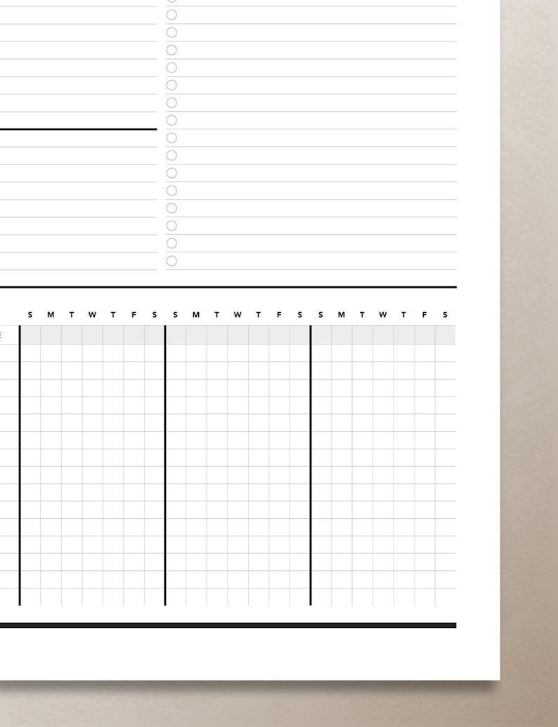 May include: A black and white weekly planner with a grid layout. The planner has sections for each day of the week, with space for writing notes and tasks. The planner also has a section for to-do lists.