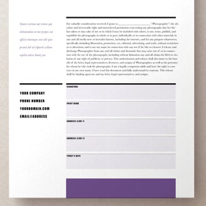 May include: A permission form for photography, with fields for the photographer's name, address, and signature. The form includes a section for the person granting permission to use their image.
