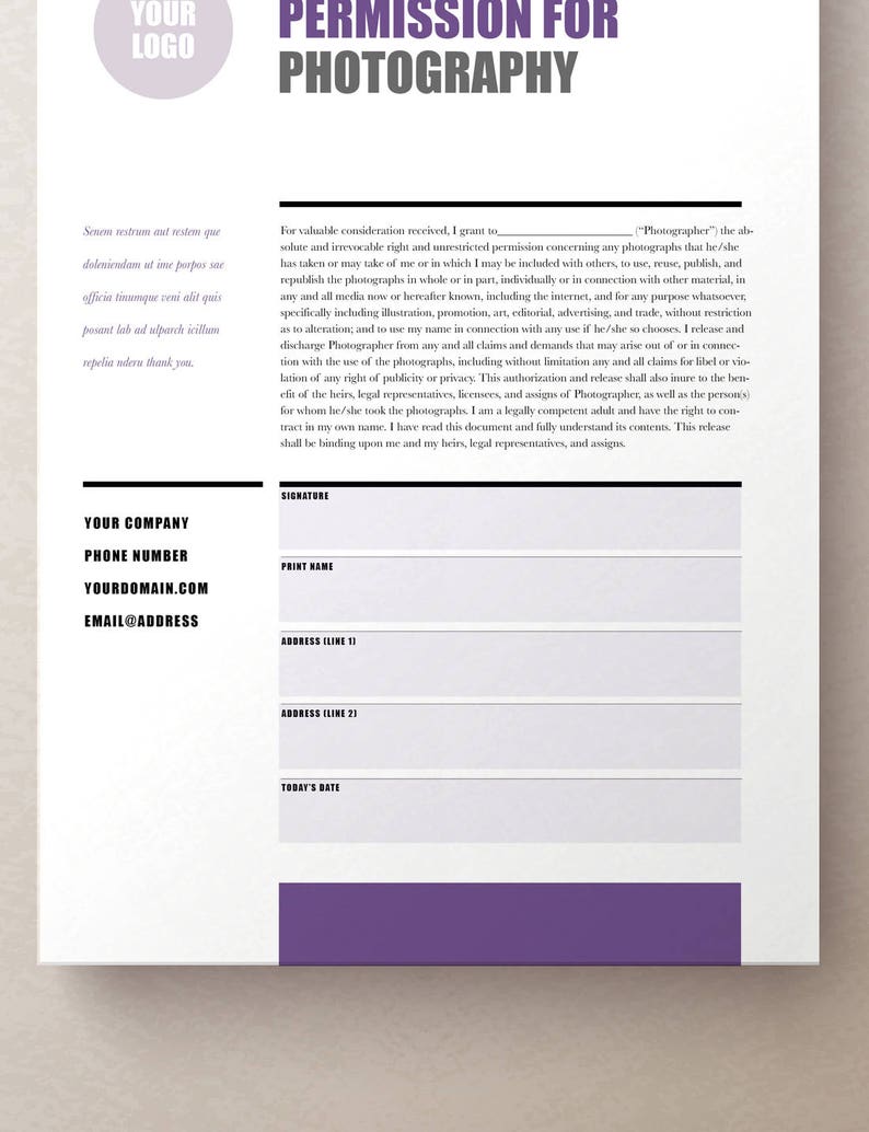 May include: A permission form for photography, with fields for the photographer's name, address, and signature. The form includes a section for the person granting permission to use their image.