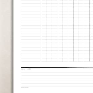 Pode incluir: Uma p&aacute;gina de planejador imprim&iacute;vel em branco com um layout de grade e uma se&ccedil;&atilde;o na parte inferior rotulada como "NOTES + IDEAS".