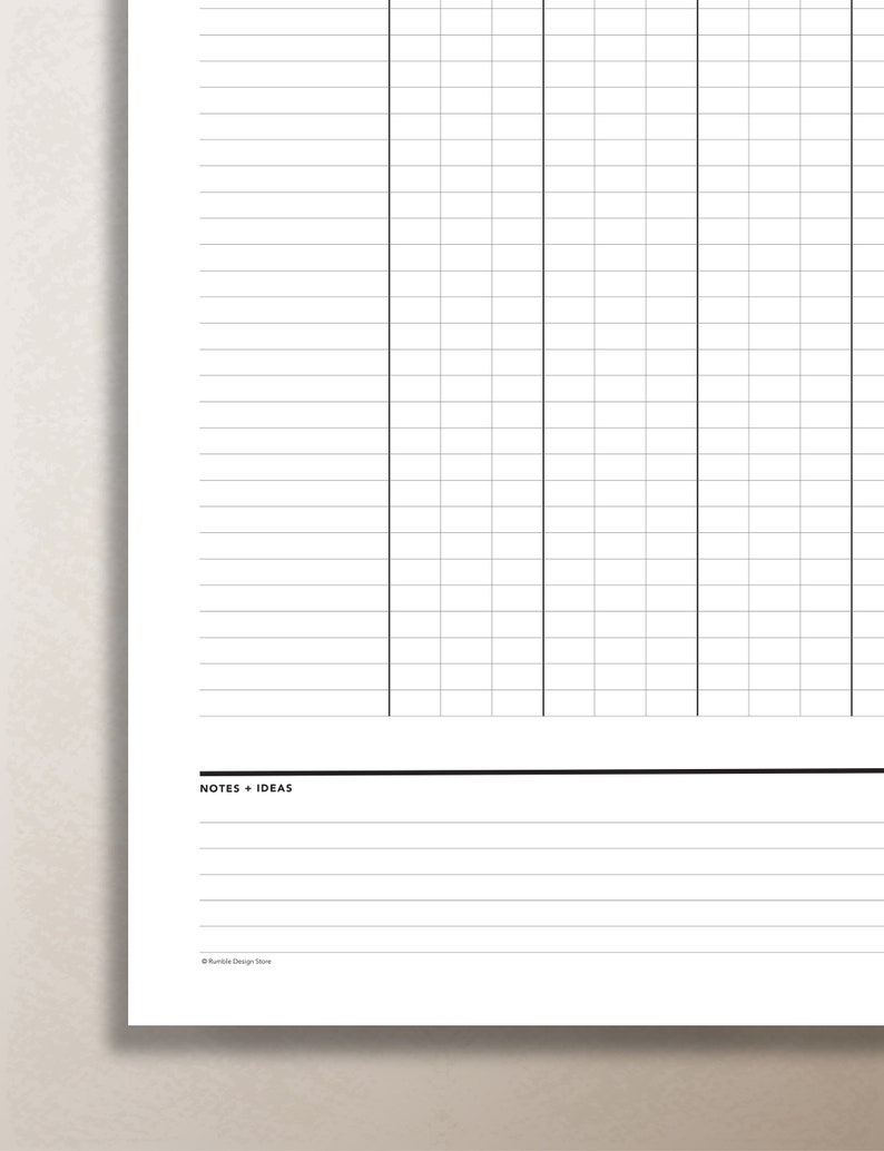 Pode incluir: Uma p&aacute;gina de planejador imprim&iacute;vel em branco com um layout de grade e uma se&ccedil;&atilde;o na parte inferior rotulada como "NOTES + IDEAS".