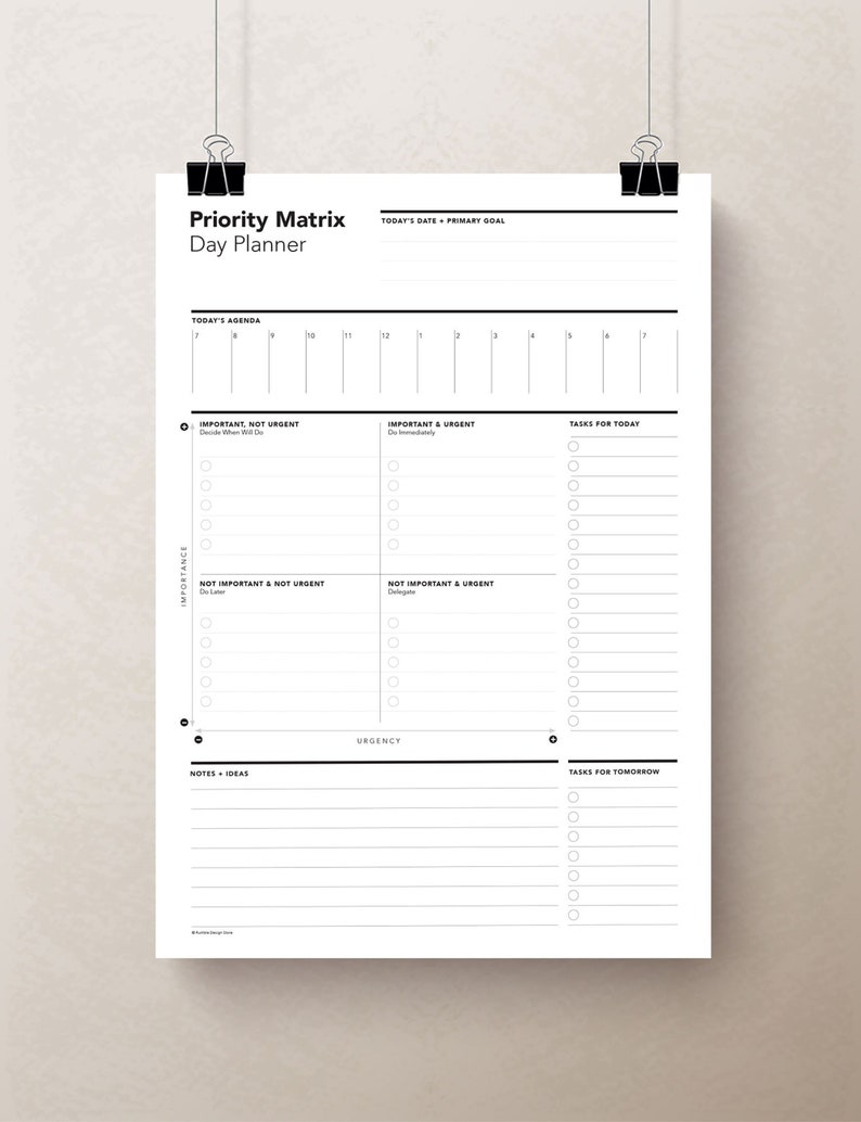 Priority Matrix Day planner worksheet printable