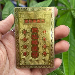 Op de afbeelding: Een goudkleurige rechthoekige kaart met Chinese karakters en symbolen in het rood. De kaart wordt in een hand gehouden en de achtergrond heeft groen gebladerte. De kaart zit in een doorzichtige plastic hoes.