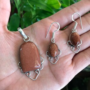 Goldstone Pendant and Earring Set 925 Silver