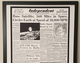 spaceship, satelite, sputnik, first orbiting, space race, russian satelite, first in space, vintage newspaper, history, newspaper front page