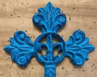 cast iron blue cross for wall decor, shabby chic decor bedroom wall art, Christian gifts for women, religious decor, pastor wife gift, best