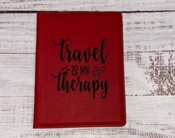 travel is my therapy passport sleeve, faux red leather passport holder cute passport cover for women, travel gifts for her, 3rd anniversary
