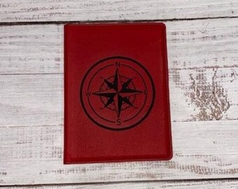 faux red leather passport holder for bride, compass rose passport cover for women, 3rd anniversary gift for couple, stocking stuffers for