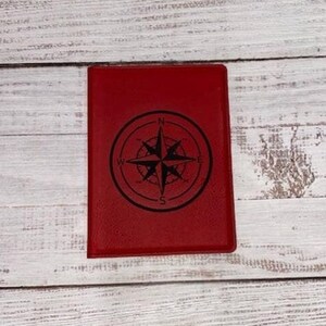 faux red leather passport holder for bride, compass rose passport cover for women, 3rd anniversary gift for couple, stocking stuffers for