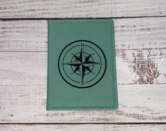 faux turquoise leather passport holder for women, stocking stuffers for travel, compass rose passport cover for adults, vegan gifts for her