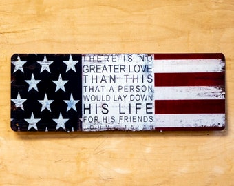 American flag sign metal, John 15 13 Bible verse wall art, Christian gifts for Dad, patriotic decor for home, veteran gifts for men, faith
