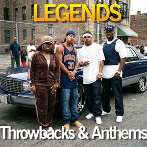 May include: A group of four people posing in front of a blue car. The image has the text "LEGENDS" in yellow and "Throwbacks & Anthems" in white. The people are wearing casual clothing, including tracksuits, jerseys, and jeans.