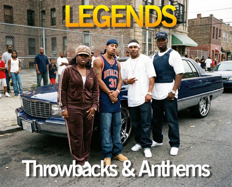 May include: A group of four people posing in front of a blue car. The image has the text "LEGENDS" in yellow and "Throwbacks & Anthems" in white. The people are wearing casual clothing, including tracksuits, jerseys, and jeans.