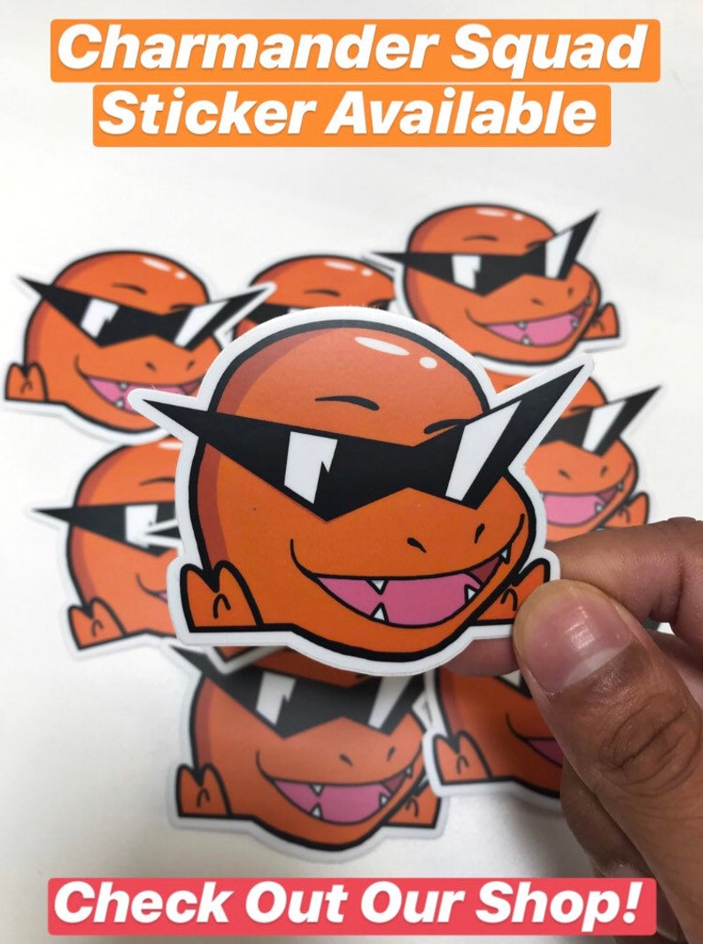 May include: A set of orange and black cartoon stickers featuring a character with sunglasses. The character is wearing sunglasses and has a toothy grin. The text "Charmander Squad Sticker Available" and "Check Out Our Shop!" are visible in the image.
