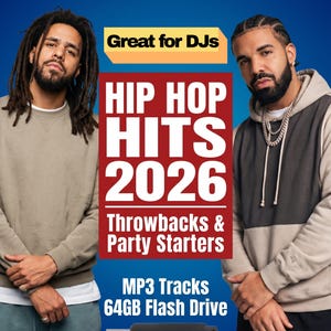 May include: A promotional image for a hip-hop music compilation, featuring two male figures and the text "HIP HOP HITS 2026." The image includes a 64GB flash drive with MP3 tracks, marketed as "Throwbacks & Party Starters" and "Great for DJs."