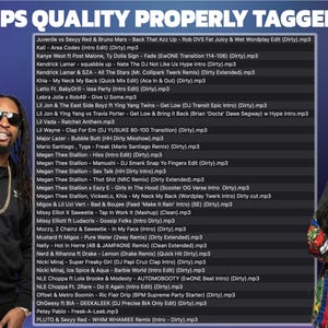May include: Image features a list of MP3 files with artist names and song titles, including tracks by Megan Thee Stallion, Lil Wayne, and Nicki Minaj. The text "320KBPS QUALITY PROPERLY TAGGED MP3'S" is at the top. Two people are in the image.