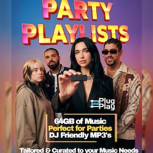 Pode incluir: Imagem promocional com o texto "PARTY PLAYLISTS" em uma fonte multicolorida. A imagem mostra uma unidade USB de 64 GB, com o texto "64 GB de música perfeita para festas MP3 compatíveis com DJ". Inclui também o texto "Tailored & Curated to your Music Needs".